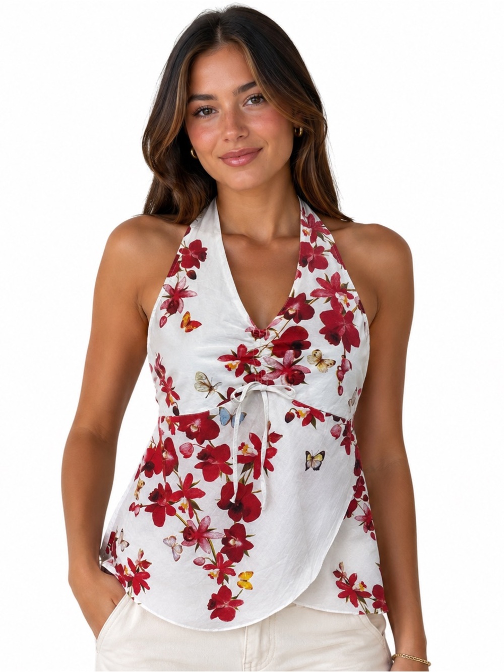 White Tropical Floral Halter Tie Front Top Medium Y2K Beach